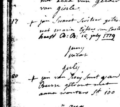 Inschrijving huwelijksregister St.Pieter te Turnhout; nummer 6327 d.d. 17 mei 1779 (let op: verschrijving maand mei ??((july)) Huwelijk met Anna Duperru